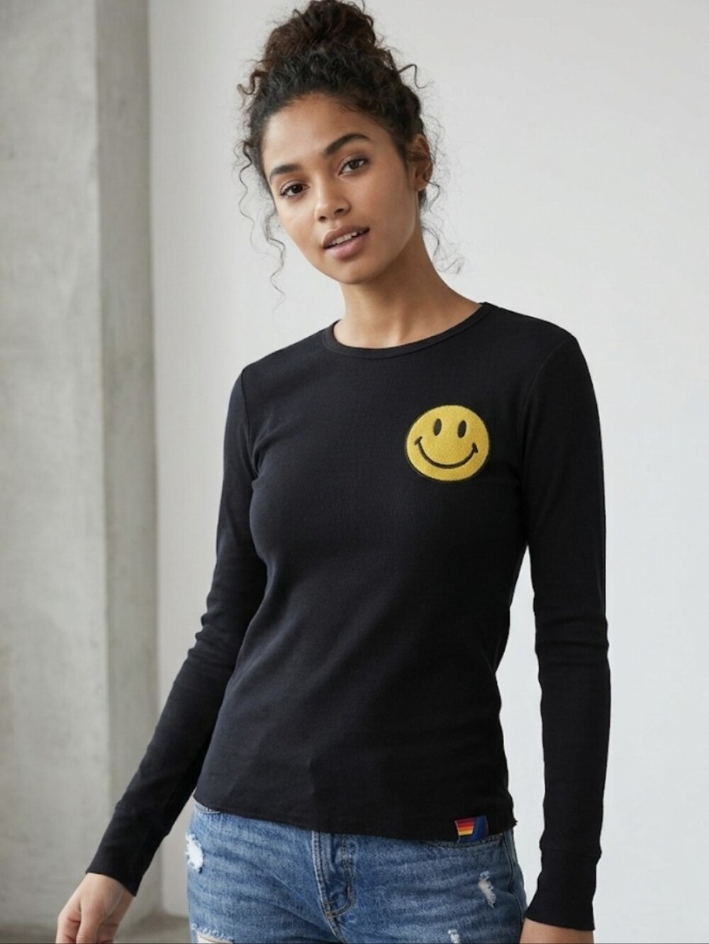 Aviator Nation Black Waffle Knit Smiley Face Long Sleeve Top M